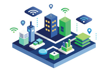 Isometric illustration of a smart city showing wireless network and connected buildings with location pins and data visualization