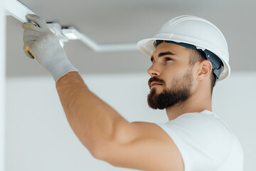 Focused construction worker in a white hardhat meticulously applies finishing touches to ceiling trim in a minimalist interior, embodying craftsmanship.