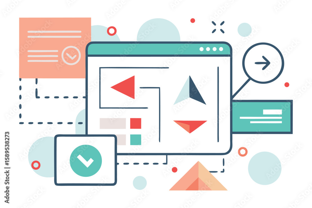 Poster illustration of user interface elements including workflow indicators and abstract design components