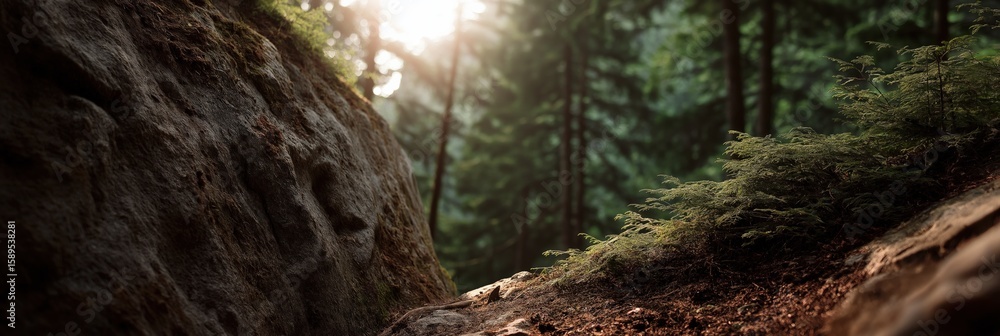 Poster sunlight filtering through dense forest with rocky terrain
