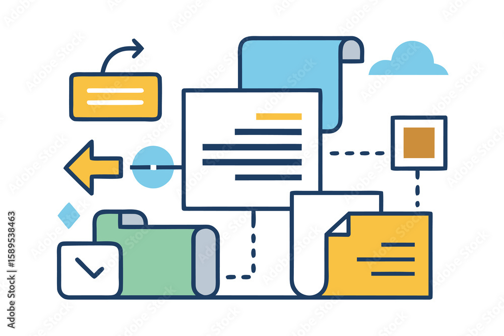 Poster modern abstract illustration depicting data flow documents processes and information technology diag