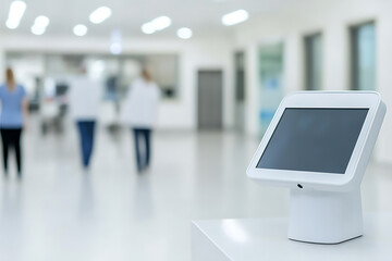 Healthcare kiosk streamlines patient check-in in a modern facility. Enhancing efficiency and experience, promoting digital access to health services.