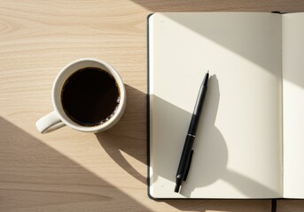 Coffee cup and pen on blank notebook with wooden table background. Home interior    