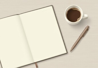 Blank notebook and coffee cup on wooden desk for creative work. Home interior    