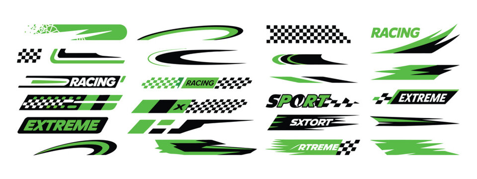 Racing sport stripes and flames stickers decals set, extreme sports racing flags, sport car and motorbike design elements
