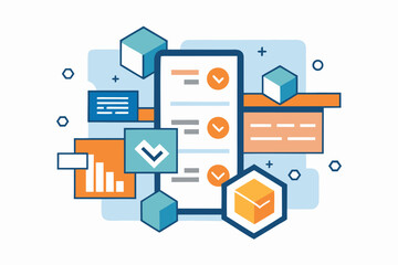 Fototapeta premium Modern design of mobile app interface depicting task management and data visualization with flat geometric shapes.