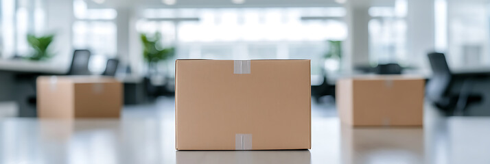 Cardboard boxes sit on a table in an office. Relocation, delivery and storage, the boxes are packed and ready to go in an interior office space.