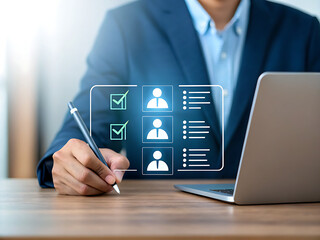 Person filling out digital checklist on screen with pen image