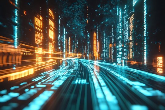 Digital data stream flowing through a futuristic cyber city with neon lights and data blocks