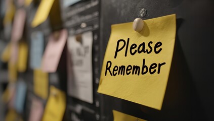 Yellow Sticky Note with “Please Remember” Text on Black Office Board – Reminder Message in Modern Workspace