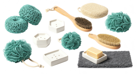 Photo of a collection of bath and body accessories including soap dishes, sponges, and brushes isolated on transparent background