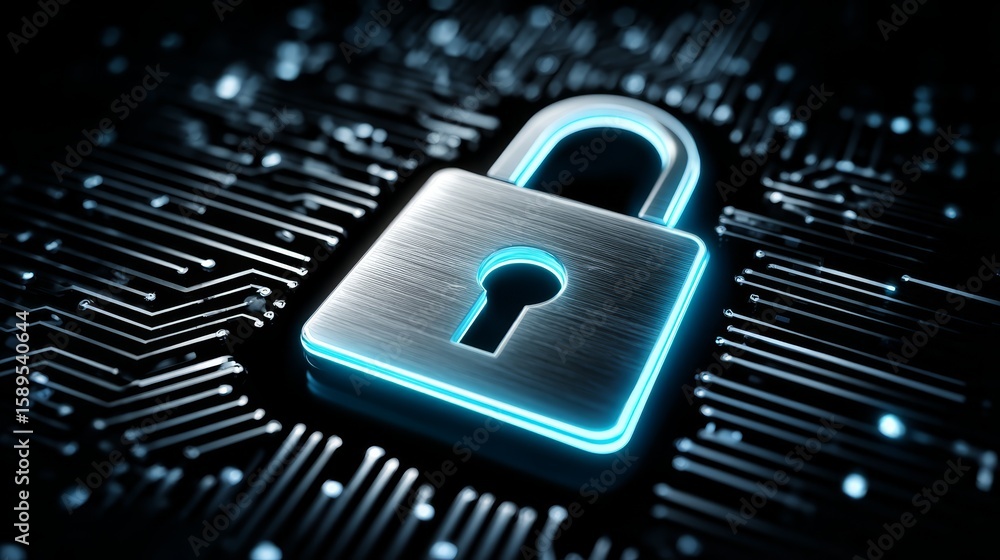 Poster cybersecurity lock on circuit board, protecting digital data in the modern age cybersecurity