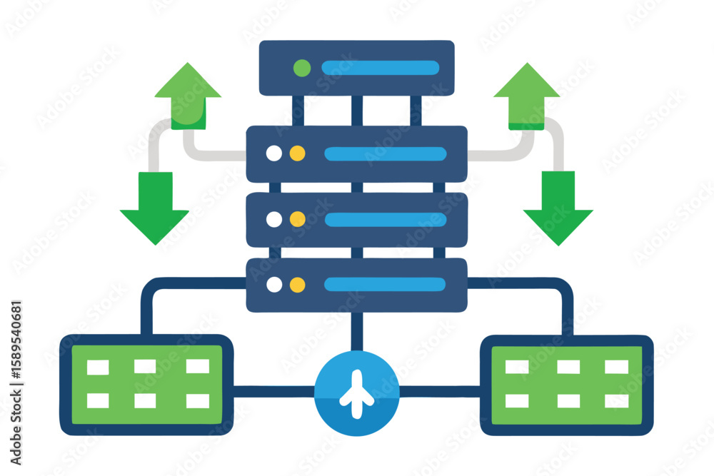 Poster vector illustration depicting data transfer operations with servers, databases, and cloud computing 