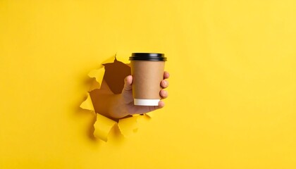 Hand holding a coffee cup through a hole in yellow paper (1)