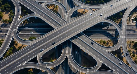 Complex highway interchange viewed from above, showcasing numerous curving roads and moving vehicles.