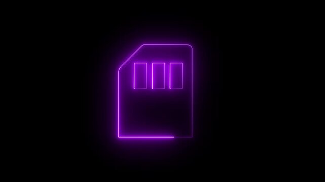 memory card icon animation. Glowing neon line purple color SD memory card icon isolated on black background. 