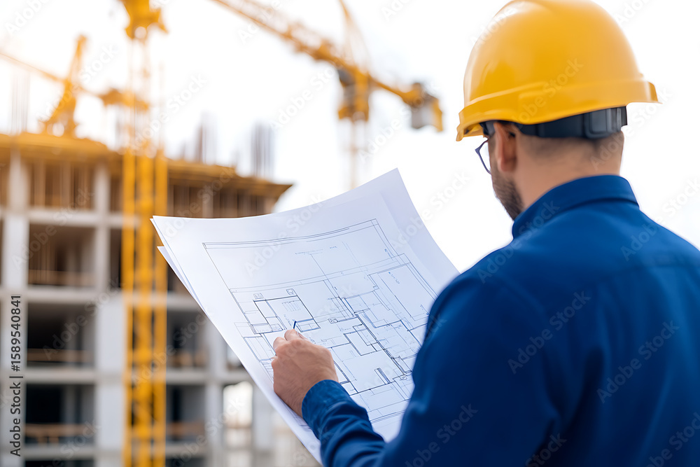 Poster construction supervisor in hard hat reviewing building plans at construction site with cranes, ensur