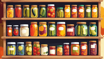 Shelves full of colorful homemade canned vegetables and fruits in jars for food preservation