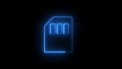 memory card icon animation. Glowing neon line blue color SD memory card icon isolated on black background. 