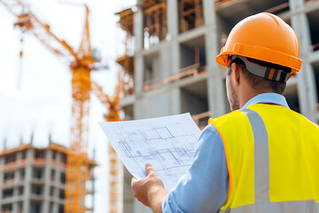 Construction worker in safety gear reviews blueprints at construction site. Cranes and building frame visible in the background. Safety first!