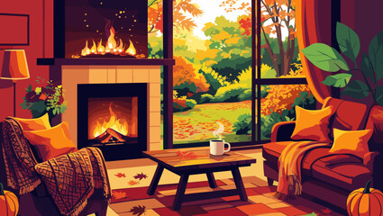 Cozy living room with a fireplace and autumn view through the window, complete with pumpkins and warm decor