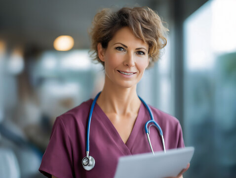 Middle-age Caucasian female nurse holding patient chart while working in hospital, copy space