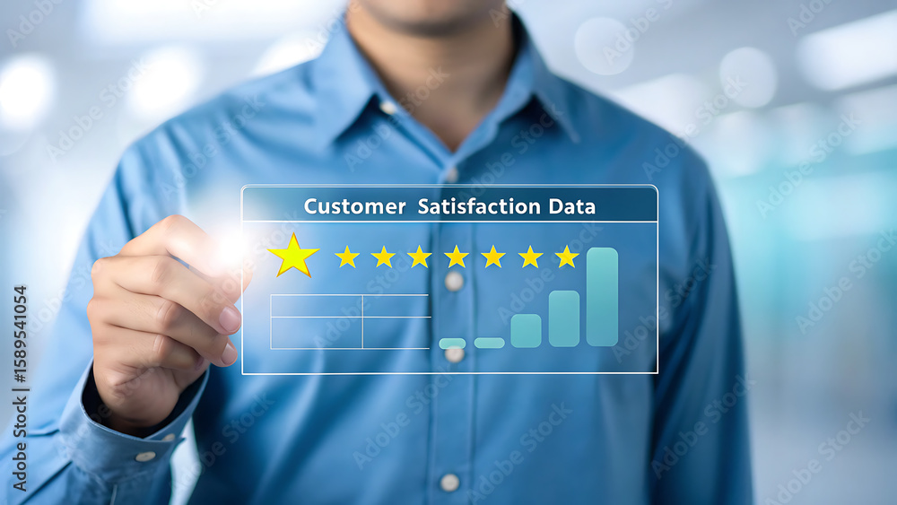 Poster person interacting with customer satisfaction data graph and stars rating