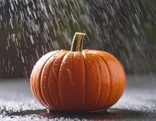 A wet pumpkin under a misty shower