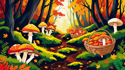Mushroom picking scene in a colorful autumn forest with baskets of fungi along a winding path
