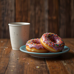 Two Sprinkle Donuts and Coffee Cup on Rustic Wooden Table