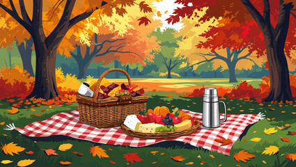 Autumn picnic setup with a basket and fresh fruits on a blanket in a colorful park surrounded by trees