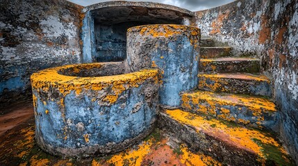 Worn urban concrete stairs under flickering light, mirrorless camera with 24mm lens capturing rough surface cracks and shifting shadows on walls and steps