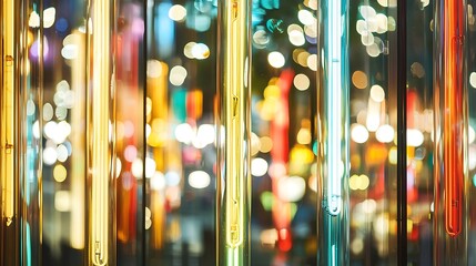 Close-up of neon light tubes glowing in saturated hues, captured with 50mm macro lens on mirrorless camera, blurred urban lights creating dreamy bokeh behind the sharp neon filament