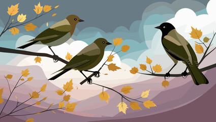 Three birds sitting on branches with autumn leaves against a colorful sky and mountains
