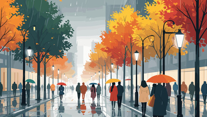 People walking with umbrellas on a rainy autumn day in a city street lined with trees and lampposts