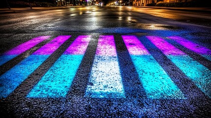 Storefront glowing warmly above empty crosswalk at night, full-frame DSLR, 50mm lens, reflections on wet pavement emphasizing zebra crossing lines