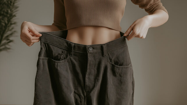 A smiling middle-aged woman stands in a bright, modern kitchen, proudly holding out the waistband of her loose jeans to reveal a toned, flat stomach. She radiates confidence and vitality