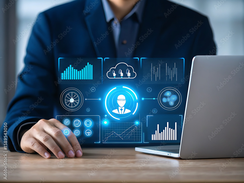 Poster person interacting with futuristic digital interface displaying charts and graphs business technolog