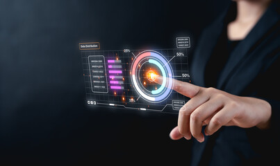 A person interacts with a futuristic holographic data dashboard displaying charts and graphs, symbolizing advanced technology and digital analytics.