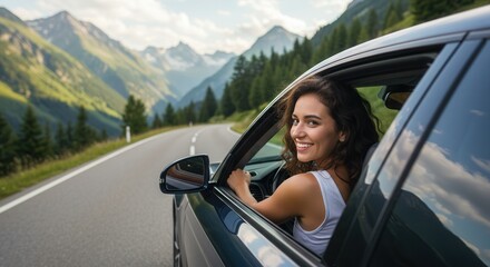 Woman Driving Vintage Convertible on Mountain Road – Scenic Road Trip with Sunlight and Windblown Hair