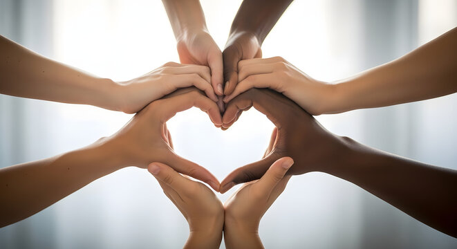 Diverse hands forming a heart shape, symbolizing unity and connection.