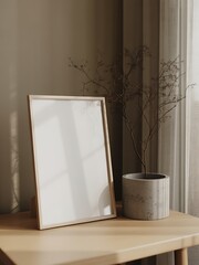 Minimalist Wooden Frame Mockup:  Neutral Tones, Sunlit Aesthetic, Dried Flowers