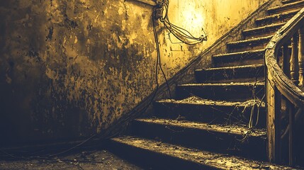 Realistic capture of indoor stairs under weak bulb light, mirrorless camera 50mm lens highlighting cracked paint, wiring, and stark contrasts in shadowed environment