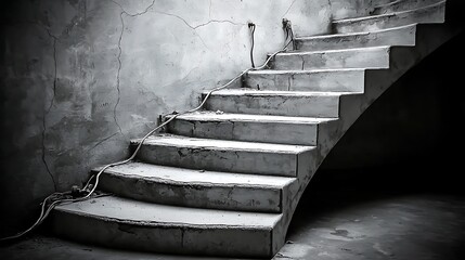 Realistic capture of indoor stairs under weak bulb light, mirrorless camera 50mm lens highlighting cracked paint, wiring, and stark contrasts in shadowed environment