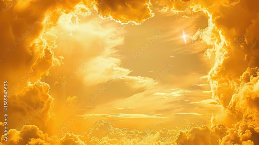 Wall mural a plane soars through a bright yellow sky with fluffy clouds
