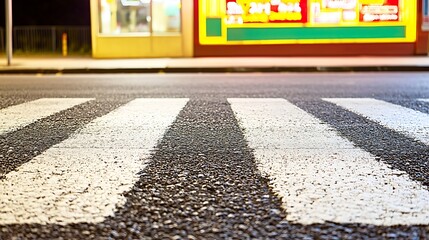 Photo of deserted urban crosswalk with neon-lit store in the background, taken with DSLR, 24mm wide-angle lens, strong leading lines of crosswalk, colorful store facade glowing above empty street