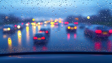 Portrait through rain-speckled car window with blurred neon city lights, full-frame camera 50mm lens, sharp focus on raindrops and soft bokeh background