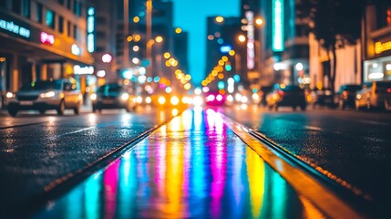 Nighttime street scene showing colorful reflections pooling on wet asphalt, full-frame mirrorless camera, 50mm lens, sharp detail on texture and lighting