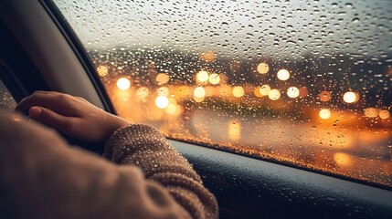 Night street photography of a figure leaning on hand inside taxi, window covered in rain droplets and water streaks, mirrorless camera 35mm lens, blurred city lights outside