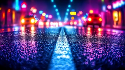 Natural street photo of rain-drenched asphalt reflecting bright city lights, mirrorless camera, long exposure, colorful reflections blending with dark pavement